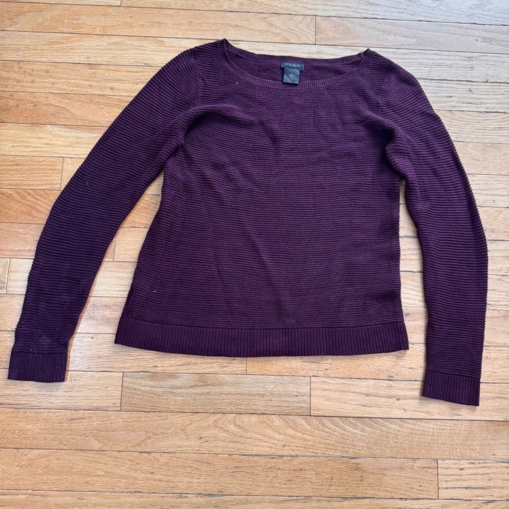 Ann Taylor Factory Womens Small Purple Ribbed Knit Boat Neck Sweater Long Sleeve